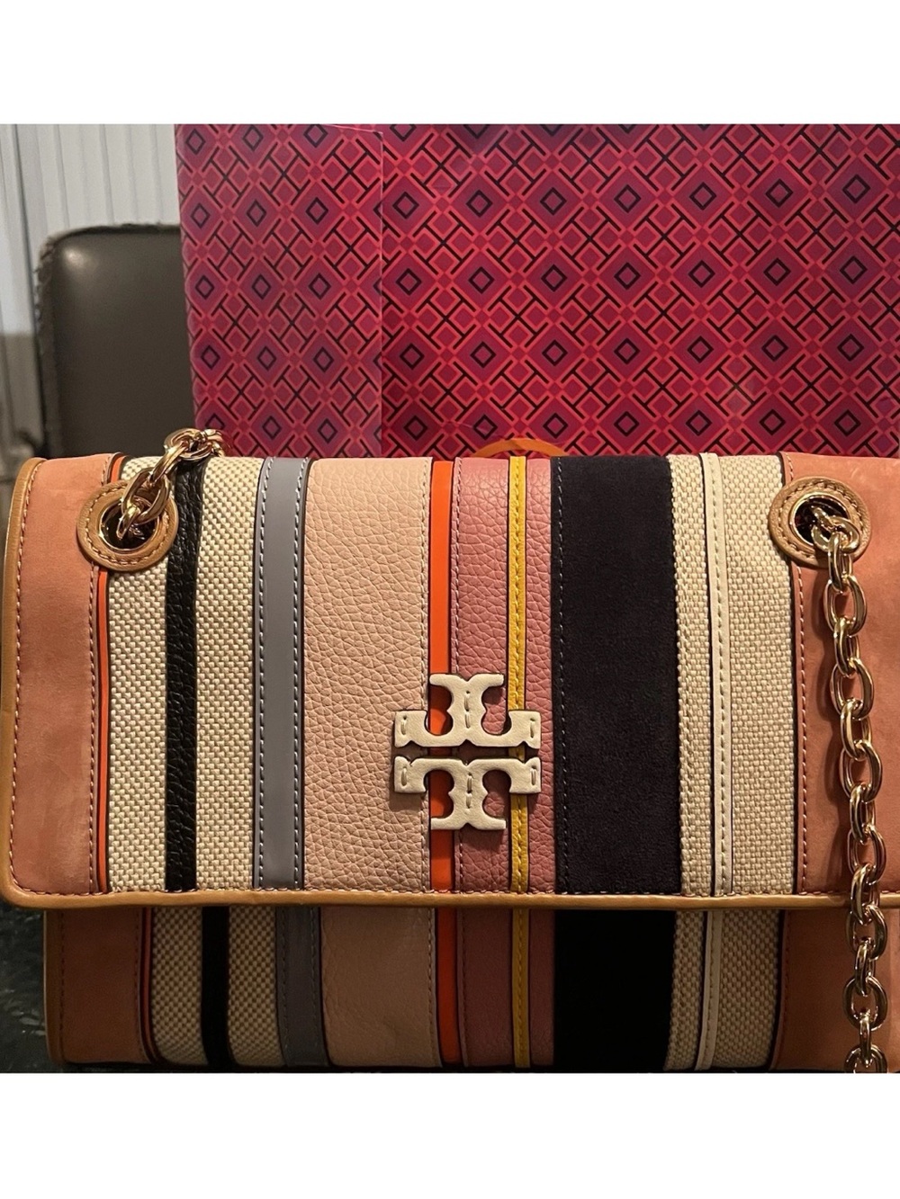 Tory Burch Multicolor Striped Suede and   Leather-Canvas Shoulder Bag